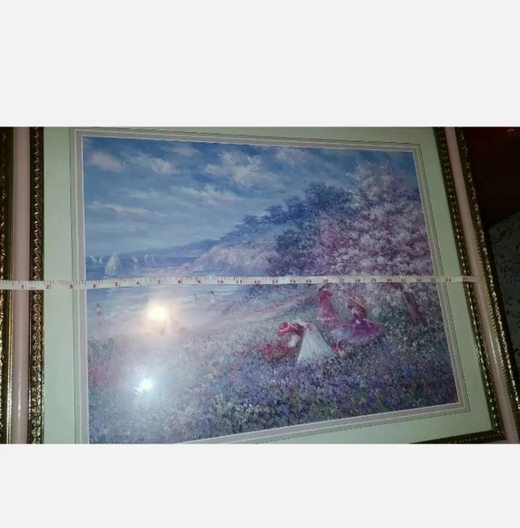 LARGE HOME INTERIOR PICTURE, KIDS AT THE BEACH, PINK & GOLD FRAME. 27.5" X 23.5" - Picture 7 of 10